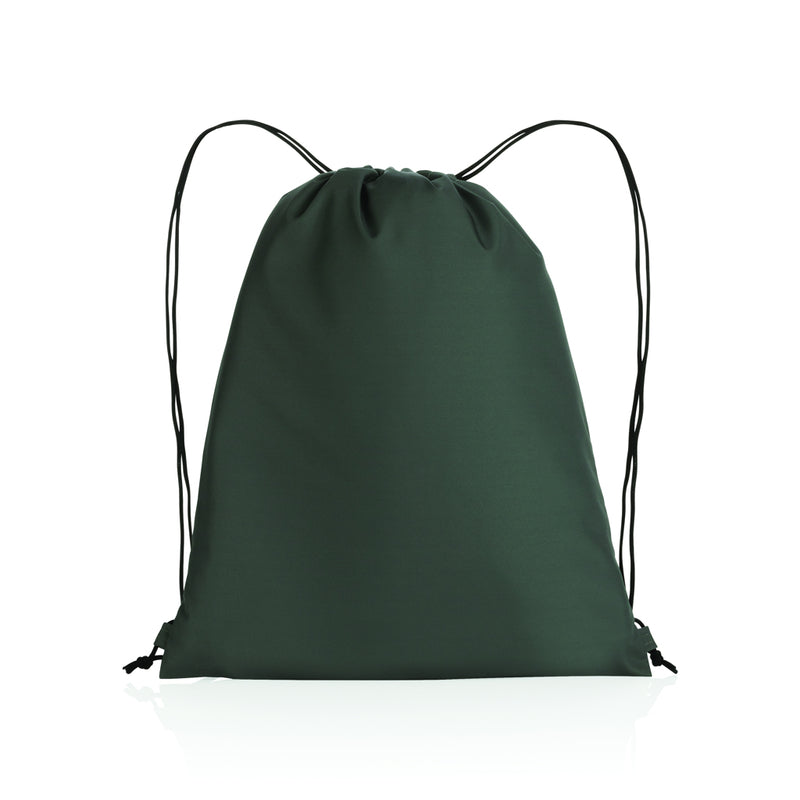 Load image into Gallery viewer, XD Collection Impact AWARE™ RPET 190T drawstring bag with black straps and logo on light gray fabric, suitable for travel and daily use.
