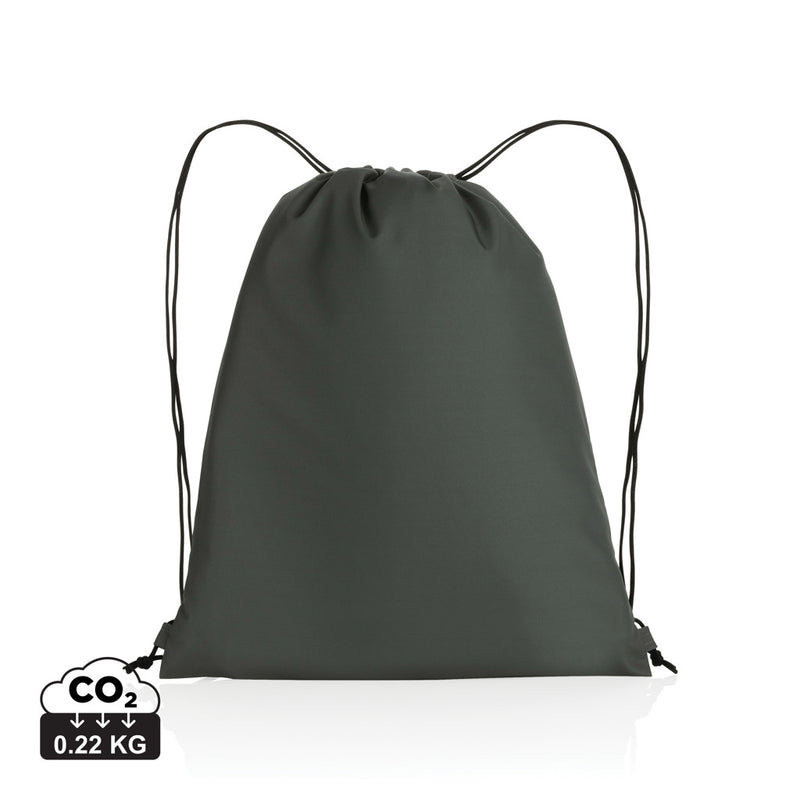 Load image into Gallery viewer, Impact AWARE™ RPET 190T drawstring bag by XD Collection, lightweight green bag with black drawstrings and branding.