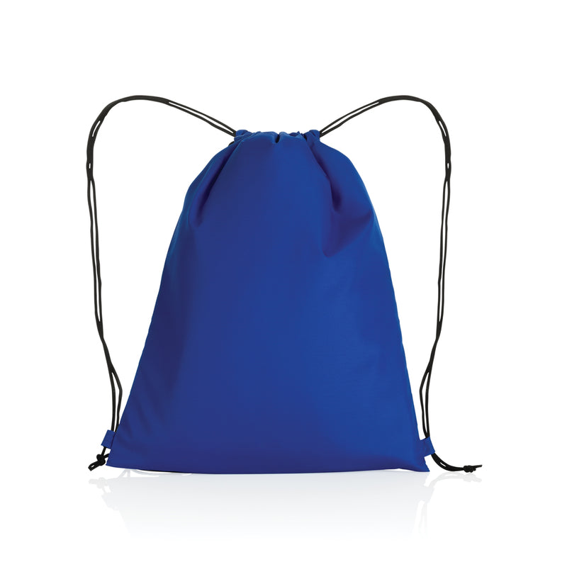 Load image into Gallery viewer, Impact AWARE™ RPET 190T drawstring bag by XD Collection, eco-friendly reusable bag with black drawstrings and logo branding.