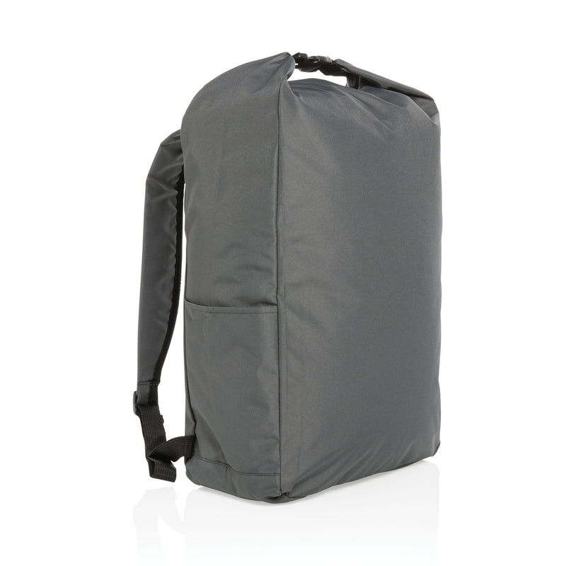 Load image into Gallery viewer, Impact AWARE™ RPET lightweight rolltop backpack from XD Collection, showing the sleek black bag with rolltop closure and adjustable straps.