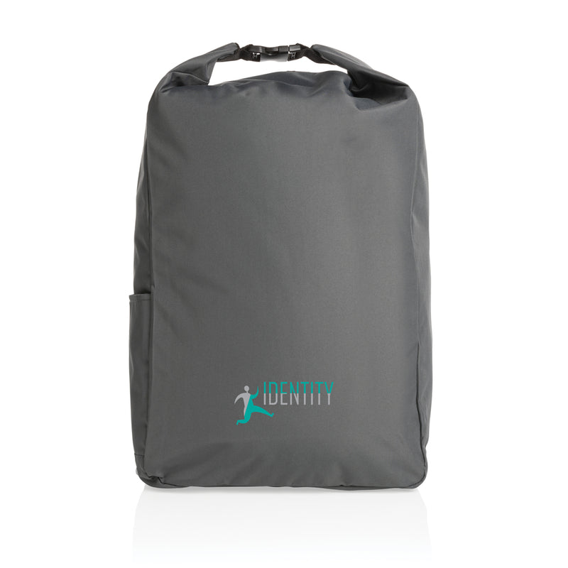 Load image into Gallery viewer, Lightweight RPET rolltop backpack from XD Collection's Impact AWARE™ series, showing durable fabric and adjustable straps.