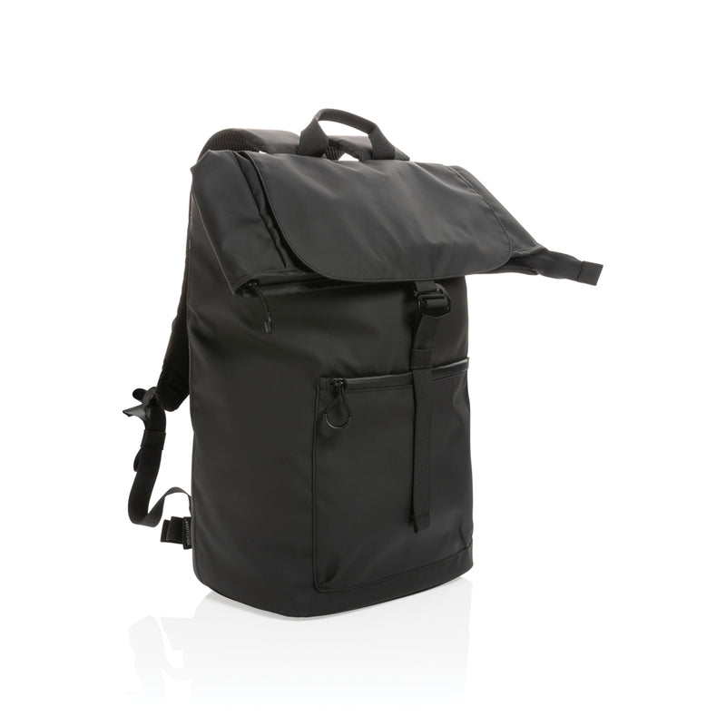 Load image into Gallery viewer, XD Collection Impact AWARE™ RPET water-resistant laptop backpack with 15.6-inch compartment and multiple pockets, black color.
