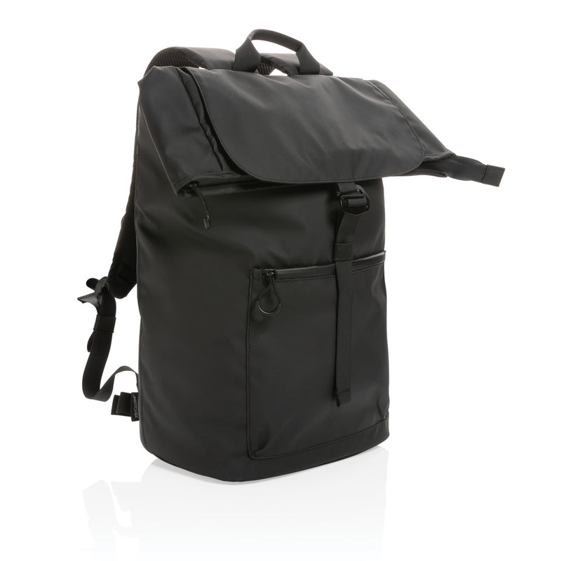 Load image into Gallery viewer, XD Collection Impact AWARE™ RPET water-resistant 15.6-inch laptop backpack, black with multiple compartments and padded shoulder straps.