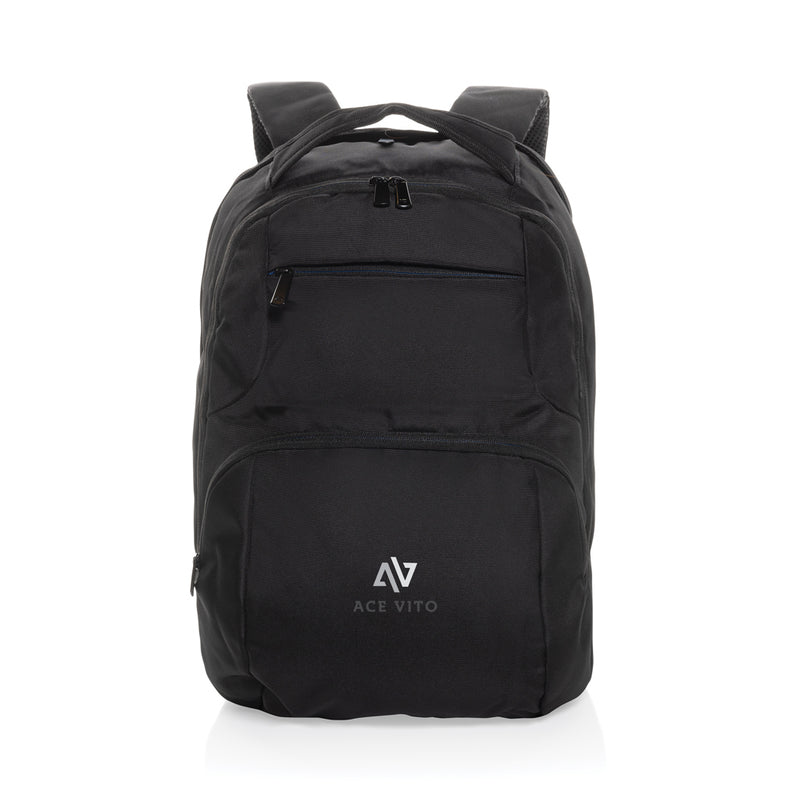 Load image into Gallery viewer, XD Collection Impact AWARE™ Universal laptop backpack in black with multiple compartments and padded shoulder straps.