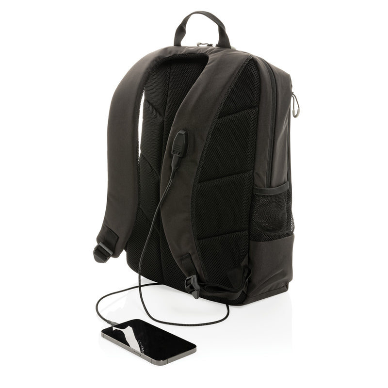 Load image into Gallery viewer, XD Xclusive Impact AWARE™ Lima RFID laptop backpack in black with multiple compartments and padded shoulder straps, designed for travel and work.