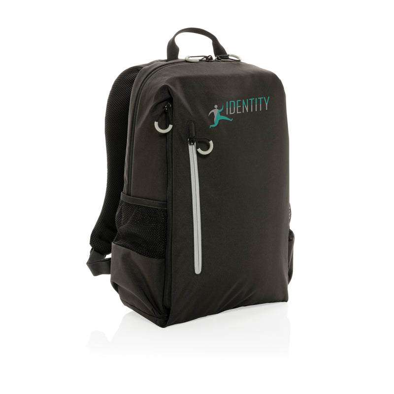 Load image into Gallery viewer, Impact AWARE™ Lima 15.6-inch RFID laptop backpack by XD Xclusive, showcasing a sleek black bag with multiple compartments and padded straps.