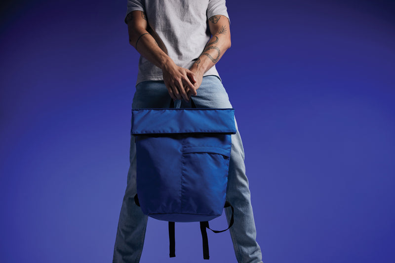 Load image into Gallery viewer, XD Collection Dillon AWARE™ RPET lightweight foldable backpack in gray, shown unfolded with adjustable straps and compact design.