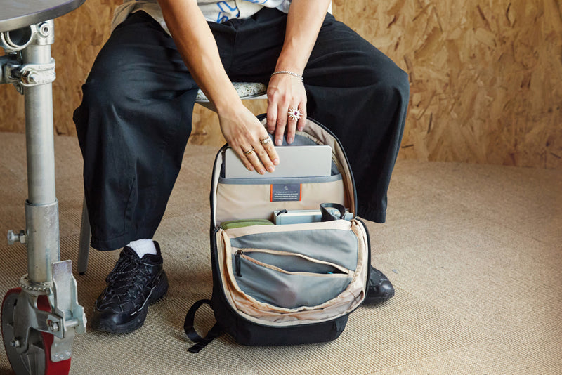 Load image into Gallery viewer, Bellroy Via Backpack from Bags & Travel collection, showing sleek black design with multiple compartments and adjustable straps.