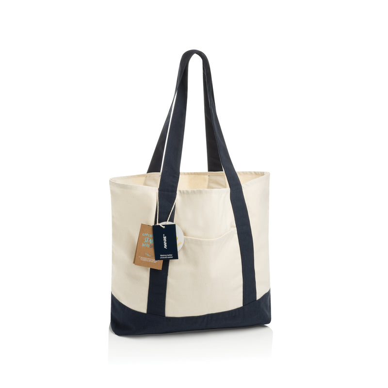 Load image into Gallery viewer, XD Xclusive SHOP LOCAL AWARE™ recycled cotton tote bag, 350gsm, showing sturdy eco-friendly tote with handles and printed logo.
