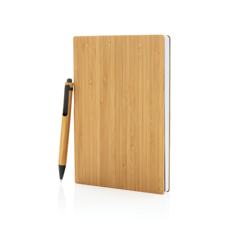 Load image into Gallery viewer, A5 bamboo notebook and pen set from XD Collection, eco-friendly portfolio with natural bamboo cover and matching pen.