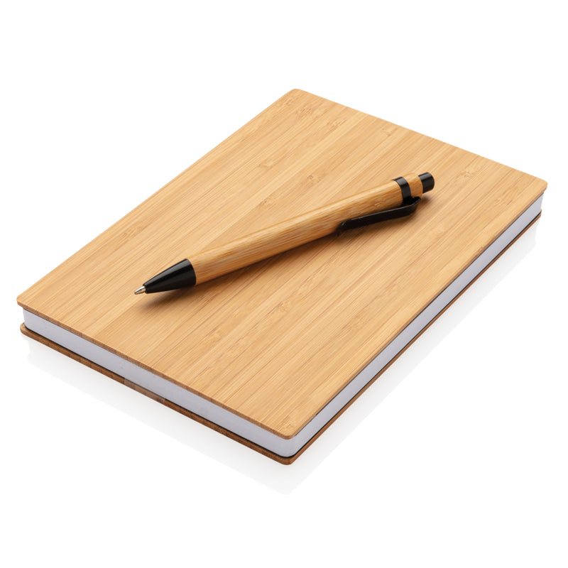 Load image into Gallery viewer, A5 bamboo notebook with spiral binding and matching pen from XD Collection, natural wood finish and eco-friendly design.