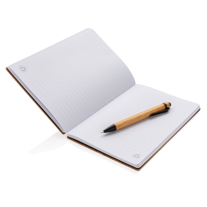 Load image into Gallery viewer, A5 bamboo notebook with matching pen from XD Collection, showcasing eco-friendly design and natural bamboo cover.