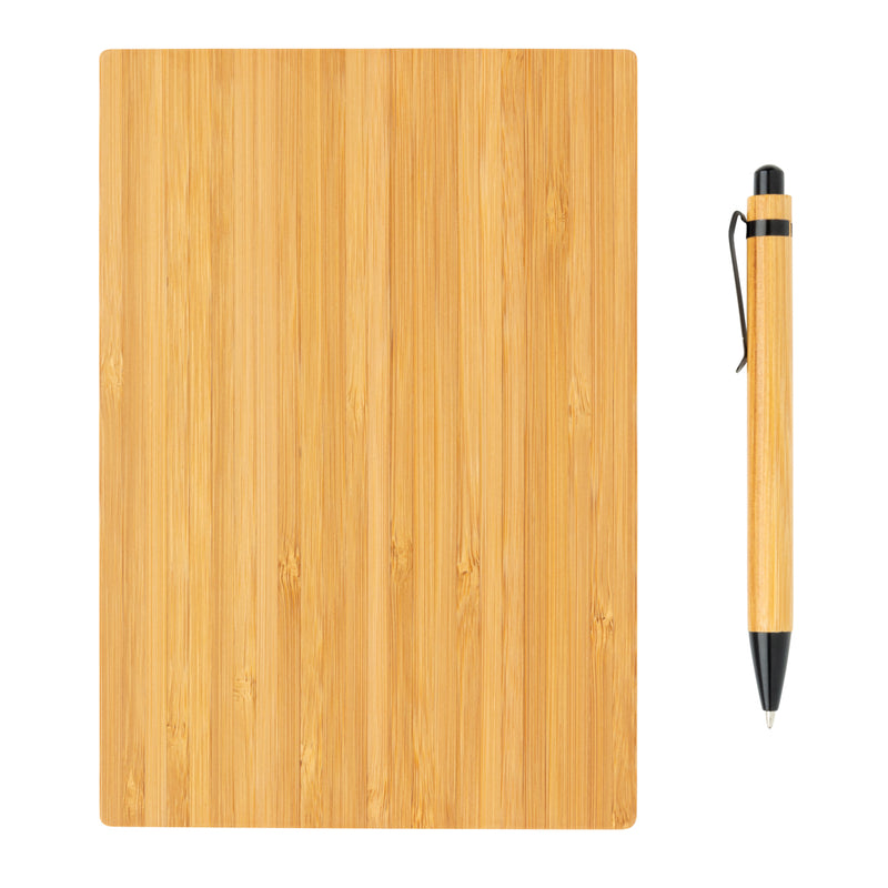 Load image into Gallery viewer, A5 bamboo notebook and matching pen set from XD Collection, featuring eco-friendly bamboo cover and sleek writing accessories.