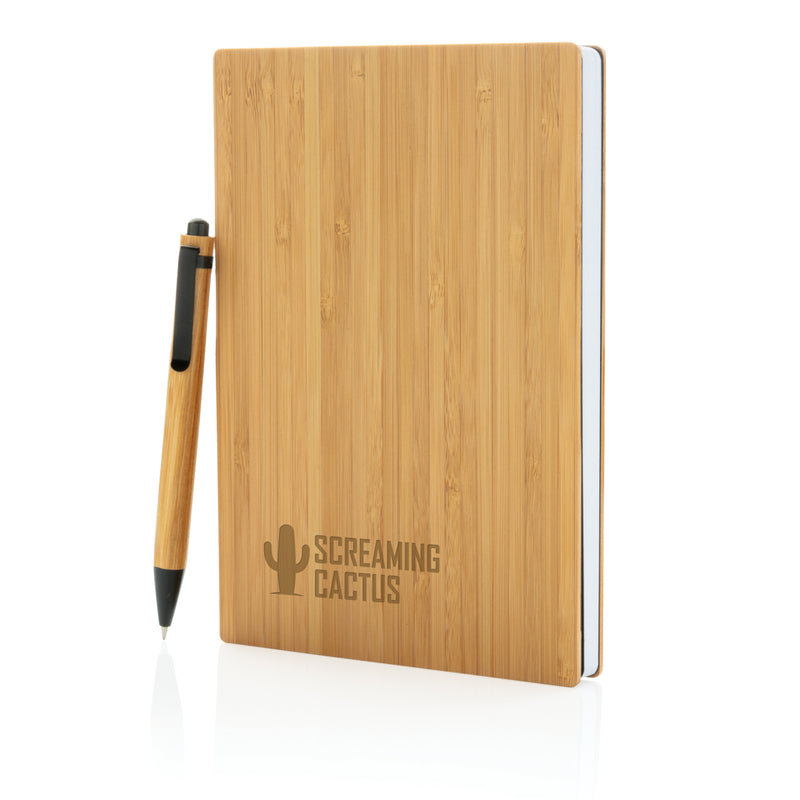 Load image into Gallery viewer, A5 bamboo notebook and pen set by XD Collection, featuring a sleek bamboo cover and matching pen on a white background.