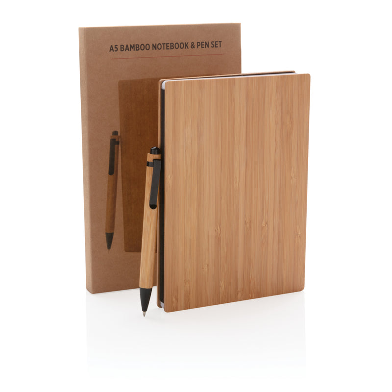 Load image into Gallery viewer, A5 bamboo notebook with matching pen from XD Collection, featuring a natural bamboo cover and sleek writing accessories.