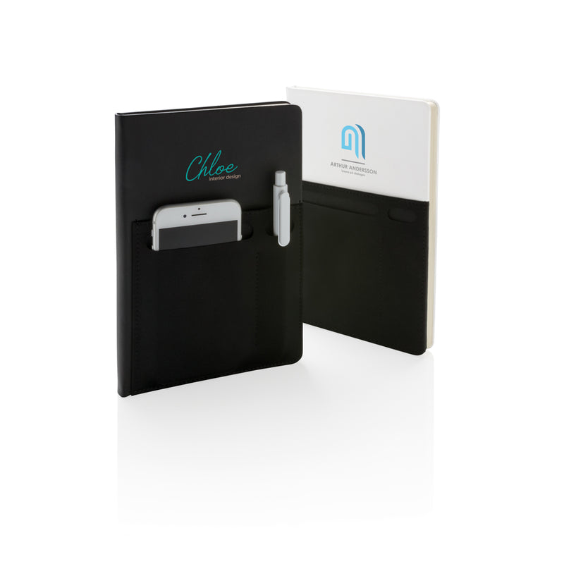 Load image into Gallery viewer, A5 Deluxe notebook with smart pockets by XD Collection, showing the open notebook with organized pockets and writing pages.