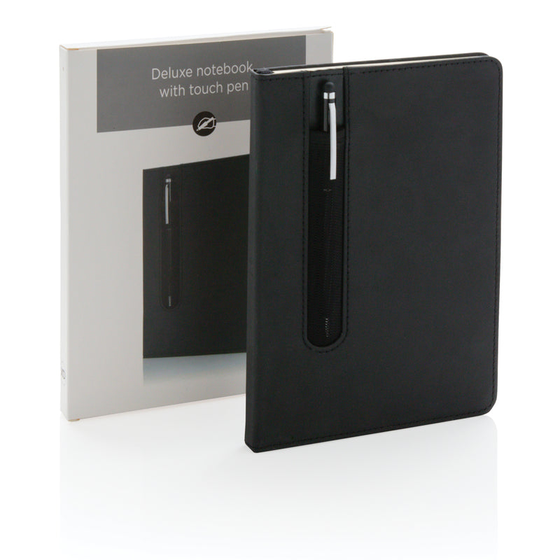 Load image into Gallery viewer, A standard hardcover PU A5 notebook with stylus pen from XD Collection, showcasing a sleek black design and elastic closure.