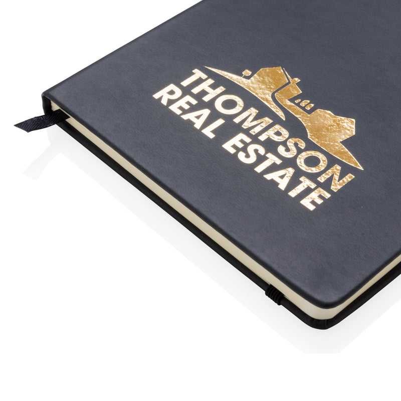 Load image into Gallery viewer, Deluxe hardcover PU A5 notebook from XD Collection with a sleek black cover and gold accents, ideal for writing and note-taking.
