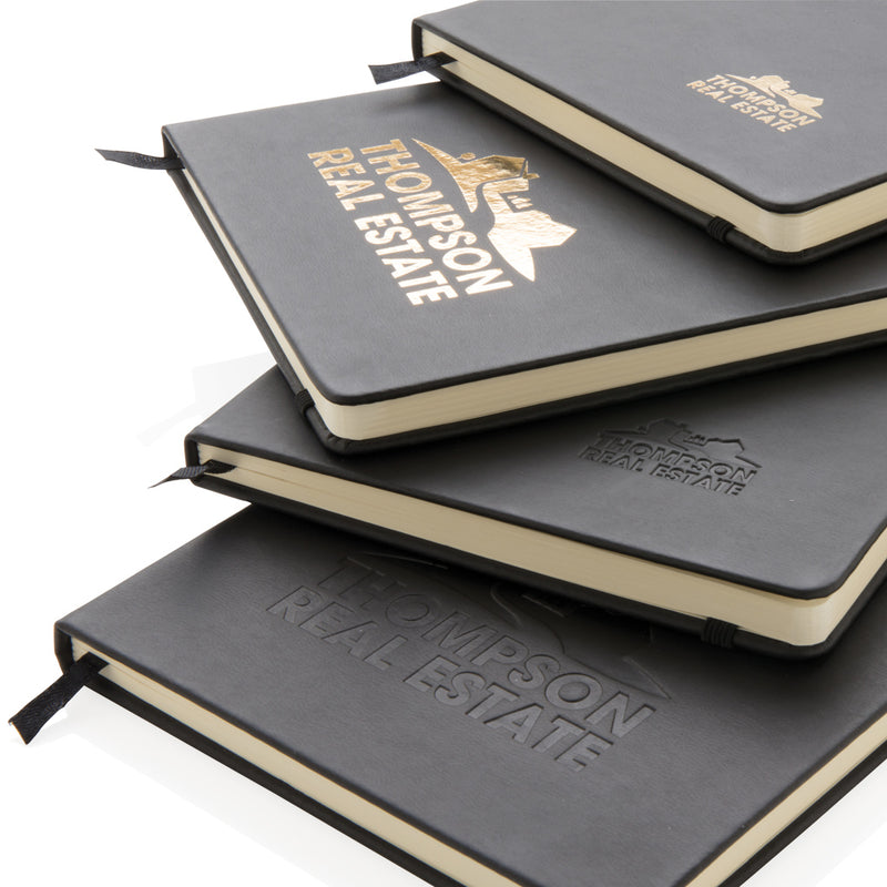 Load image into Gallery viewer, Deluxe hardcover PU A5 notebook from XD Collection with a sleek black cover and gold accents, ideal for writing and note-taking.