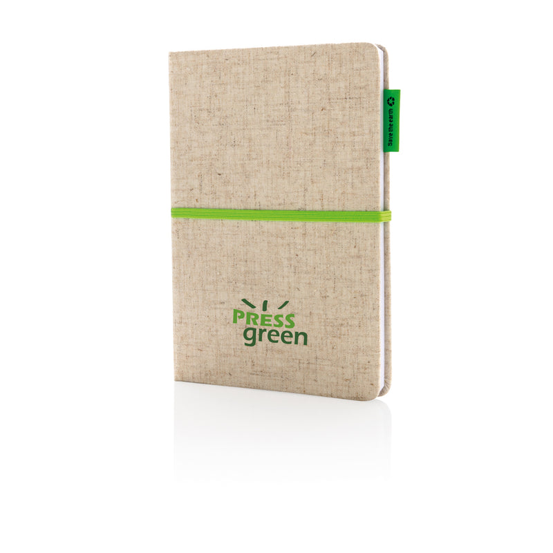 Load image into Gallery viewer, A5 jute notebook from XD Collection with a natural jute cover and closed with a elastic band, suitable for writing and note-taking.