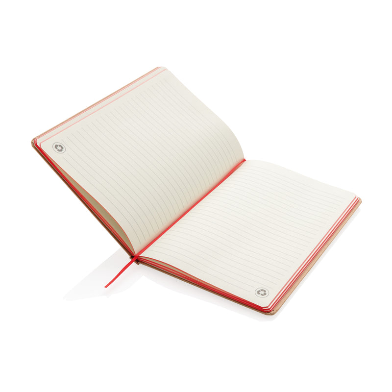 Load image into Gallery viewer, A5 kraft notebook from XD Collection with a rustic cover, open to show lined pages inside.