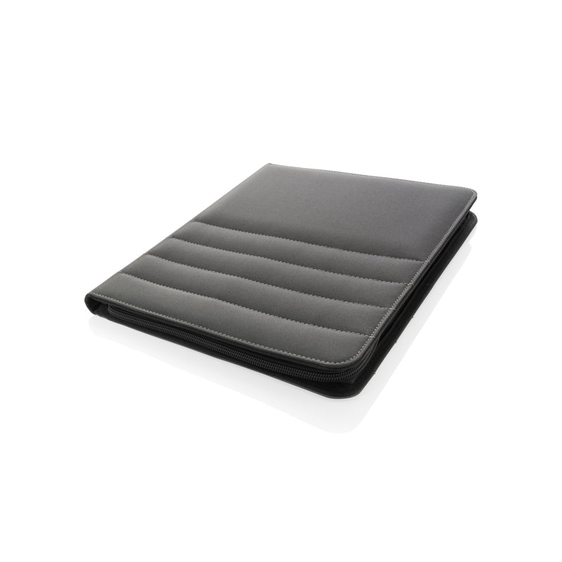 Load image into Gallery viewer, XD Xclusive Impact AWARE™ RPET A4 portfolio with zipper, showing a sleek black eco-friendly portfolio with zipper closure.