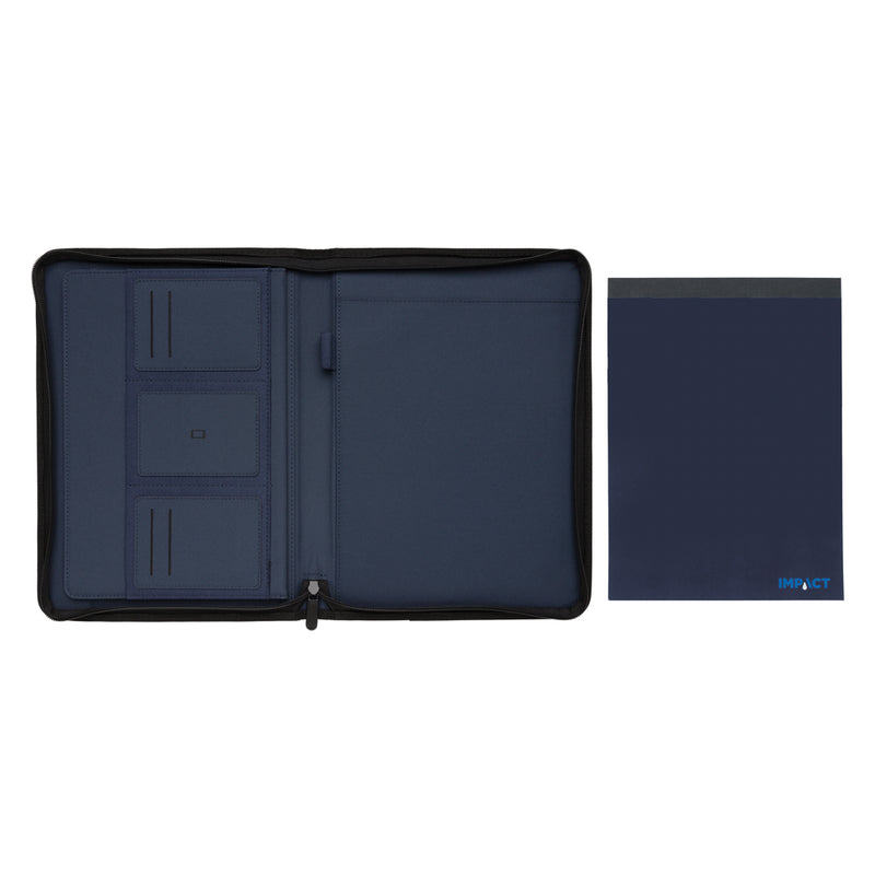 Load image into Gallery viewer, XD Xclusive Impact AWARE™ RPET A4 portfolio with zipper, showcasing a sleek, eco-friendly design with secure zipper closure.