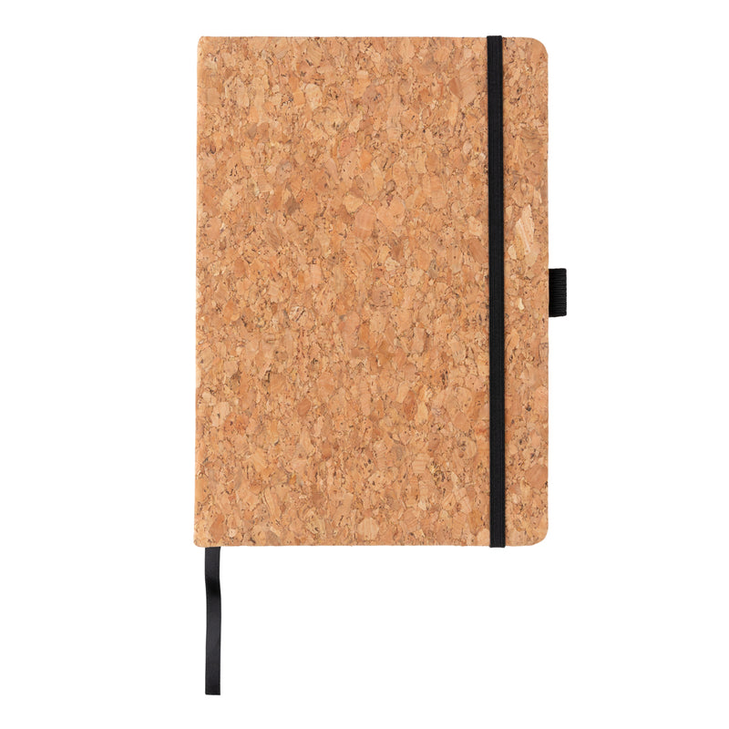 Load image into Gallery viewer, A5 cork hardcover notebook from XD Collection with elastic band closure, lying open to reveal blank pages inside.