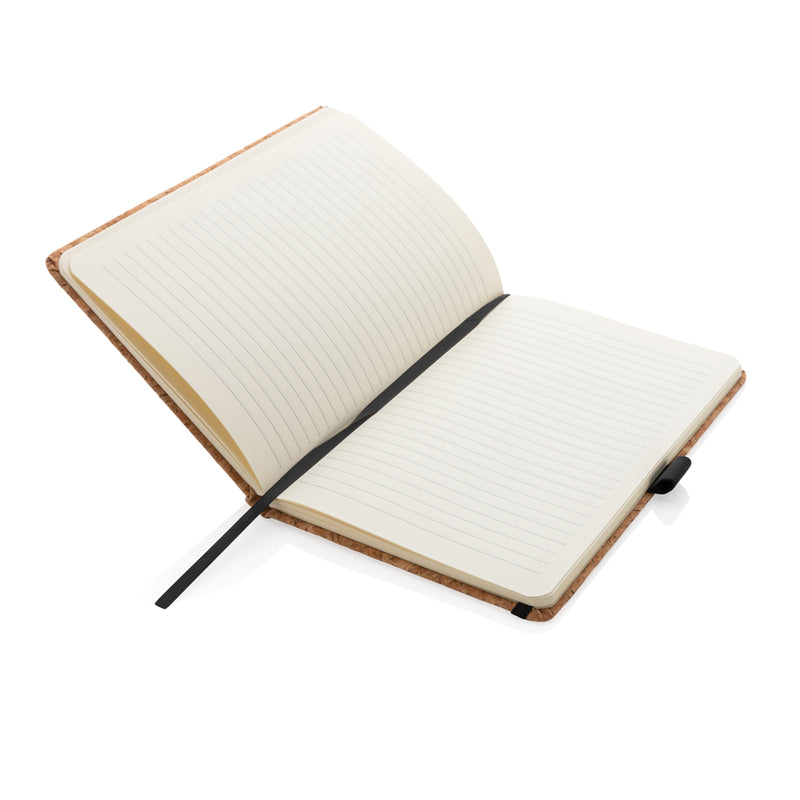 Load image into Gallery viewer, A5 cork hardcover notebook from XD Collection with a sleek design, open pages showing lined paper inside.