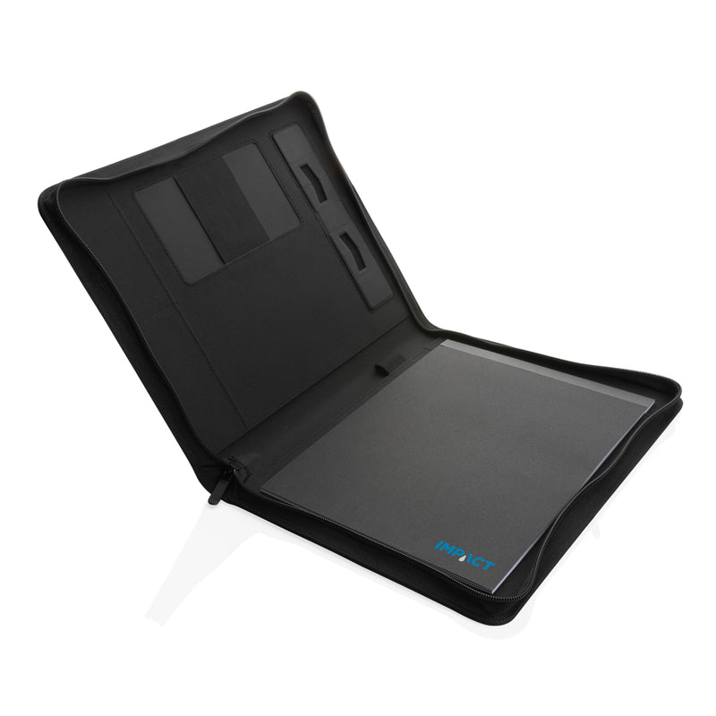 Load image into Gallery viewer, Impact Aware™ deluxe 300D tech portfolio with zipper from XD Collection, showing the sleek black exterior and zipper closure.