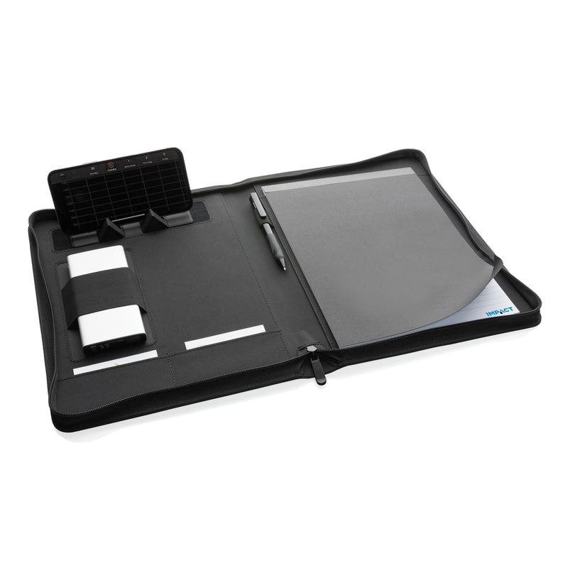 Load image into Gallery viewer, Impact Aware™ deluxe 300D tech portfolio with zipper by XD Collection, showing a sleek black portfolio open with compartments for tech accessories.