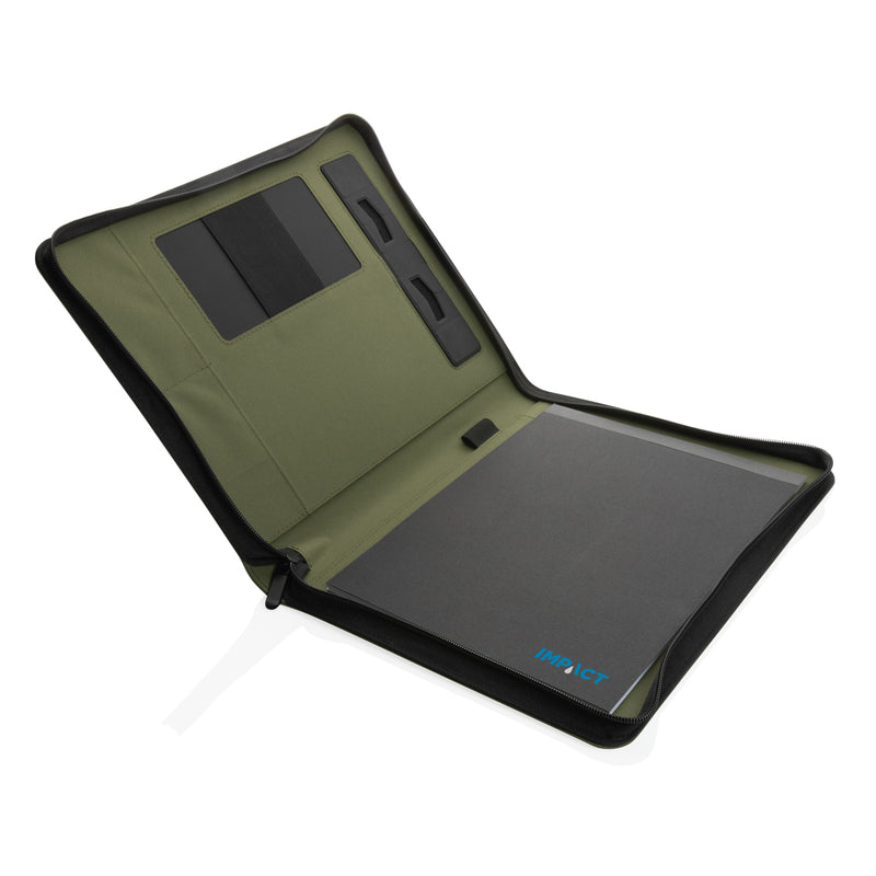 Load image into Gallery viewer, Impact Aware™ deluxe 300D tech portfolio by XD Collection with zipper, showcasing a sleek black design for laptops and accessories.