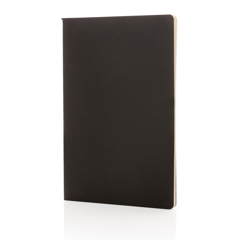 Load image into Gallery viewer, A5 standard softcover notebook from XD Collection with a black cover, open to show lined pages inside.