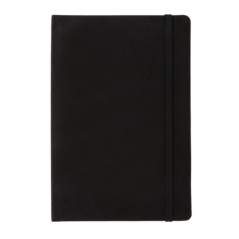 Load image into Gallery viewer, Gray GRS certified RPET A5 notebook from XD Collection, open with lined pages and elastic closure, for sustainable note-taking.