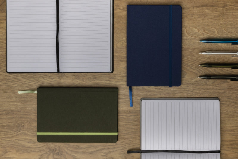 Load image into Gallery viewer, XD Collection GRS certified RPET A5 notebook with durable cover and elastic closure, perfect for note-taking and organization.