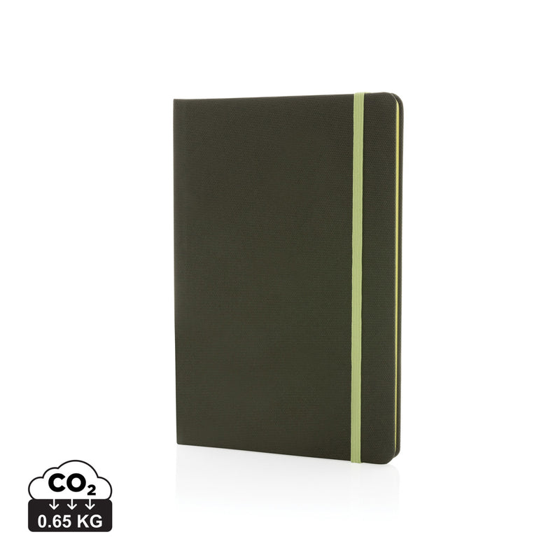 Load image into Gallery viewer, XD Collection GRS certified RPET A5 notebook with durable cover and elastic closure, ideal for note-taking and eco-friendly use.