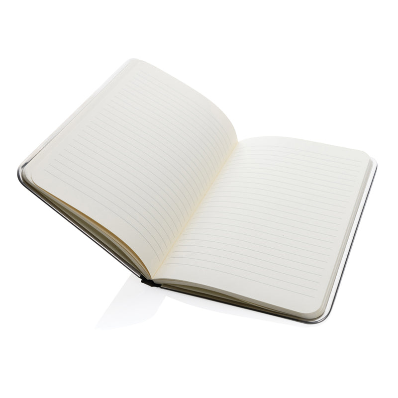 Load image into Gallery viewer, Treeline A5 wooden cover deluxe notebook by XD Collection with a smooth wooden cover and elastic closure, open to reveal lined pages.