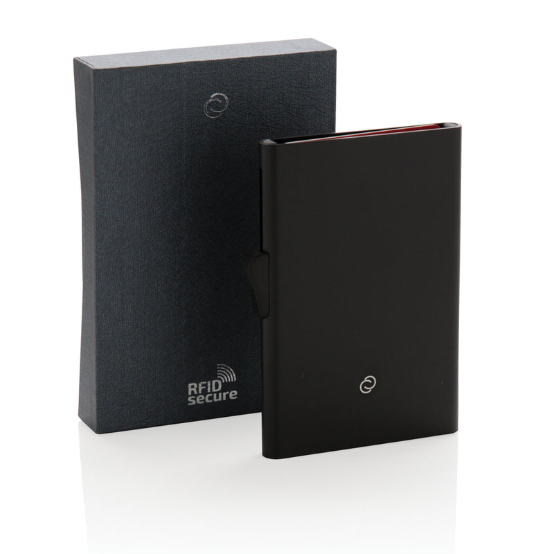 Load image into Gallery viewer, C-Secure aluminium RFID card holder in black, compact travel bag with secure card storage and sleek design.