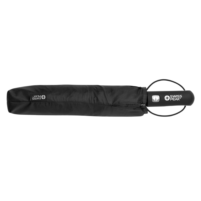 Load image into Gallery viewer, Swiss Peak Tornado 27-inch pocket storm umbrella open with black canopy and sturdy handle, designed for wind resistance.