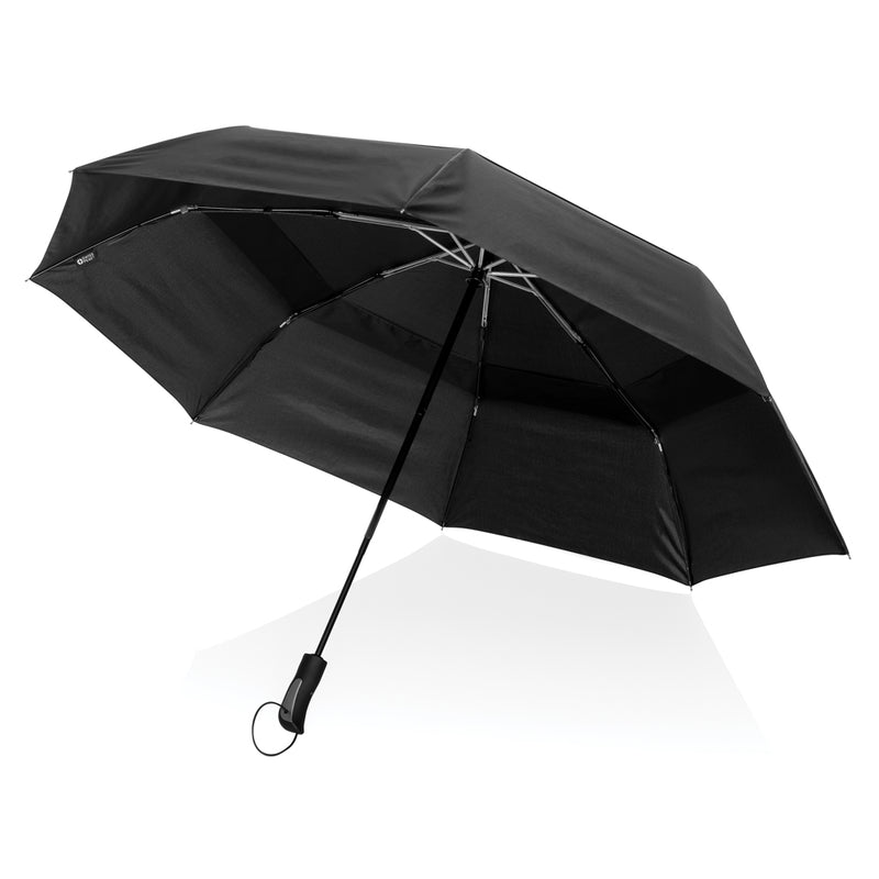 Load image into Gallery viewer, Swiss Peak Tornado 27-inch pocket storm umbrella open, showing sturdy canopy and compact design for wind resistance.