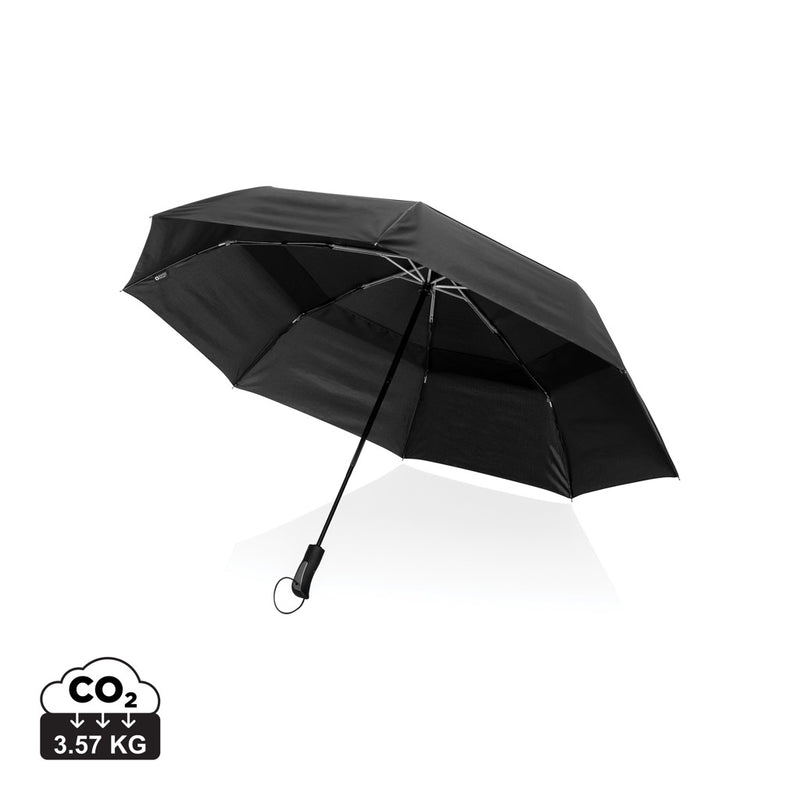 Load image into Gallery viewer, Swiss Peak Tornado 27-inch pocket storm umbrella open, showing its compact design and sturdy canopy in wind-resistant storm conditions.