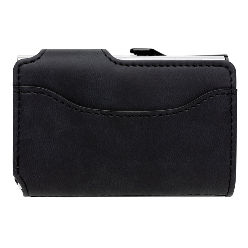 Load image into Gallery viewer, Aluminium RFID cardholder with PU wallet from XD Collection, black and silver, featuring multiple card slots and sleek design.