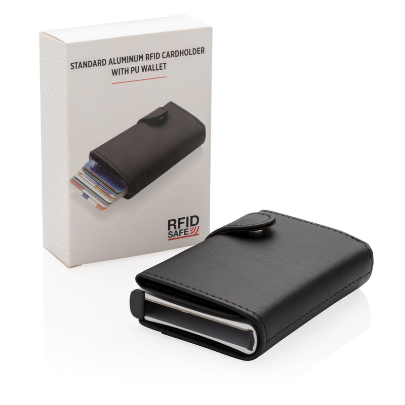 Load image into Gallery viewer, Standard aluminium RFID cardholder with PU wallet from XD Collection, featuring sleek design and multiple card slots.