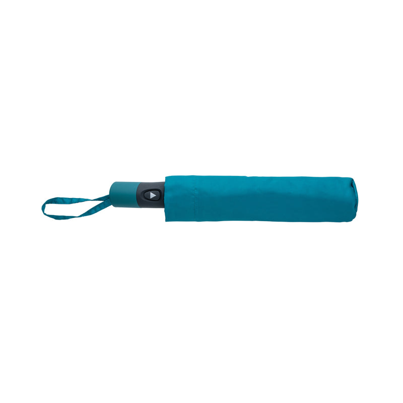 Load image into Gallery viewer, 21-inch Impact AWARE™ 190T mini auto open umbrella by XD Collection, shown in compact, open position with black canopy