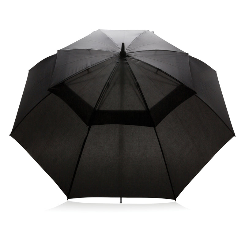 Load image into Gallery viewer, Swiss Peak AWARE™ Tornado 30-inch storm umbrella open, black canopy with sturdy handle and vented design for wind resistance.