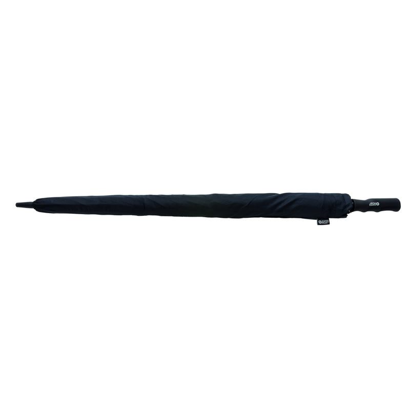 Load image into Gallery viewer, Swiss Peak AWARE™ Tornado 30-inch storm umbrella open, featuring a sturdy black canopy and ergonomic handle for weather protection.