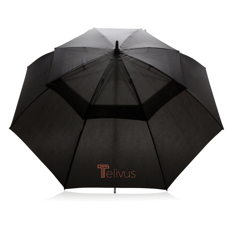 Load image into Gallery viewer, Swiss Peak AWARE™ Tornado 30-inch storm umbrella open, black canopy with Swiss Peak logo, sturdy handle and wind-resistant design