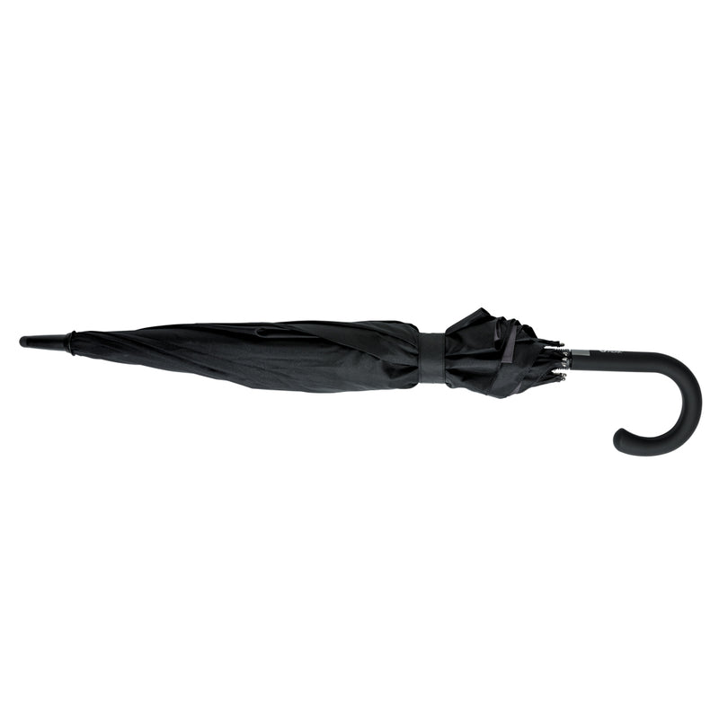 Load image into Gallery viewer, Swiss Peak 23-27 inch expandable umbrella open with black canopy and silver handle, suitable for rain protection.