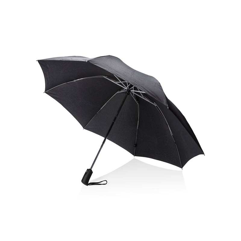 Load image into Gallery viewer, Swiss Peak SP AWARE™ 23' foldable reversible auto open/close umbrella, gray color, shown partially folded with handle visible.