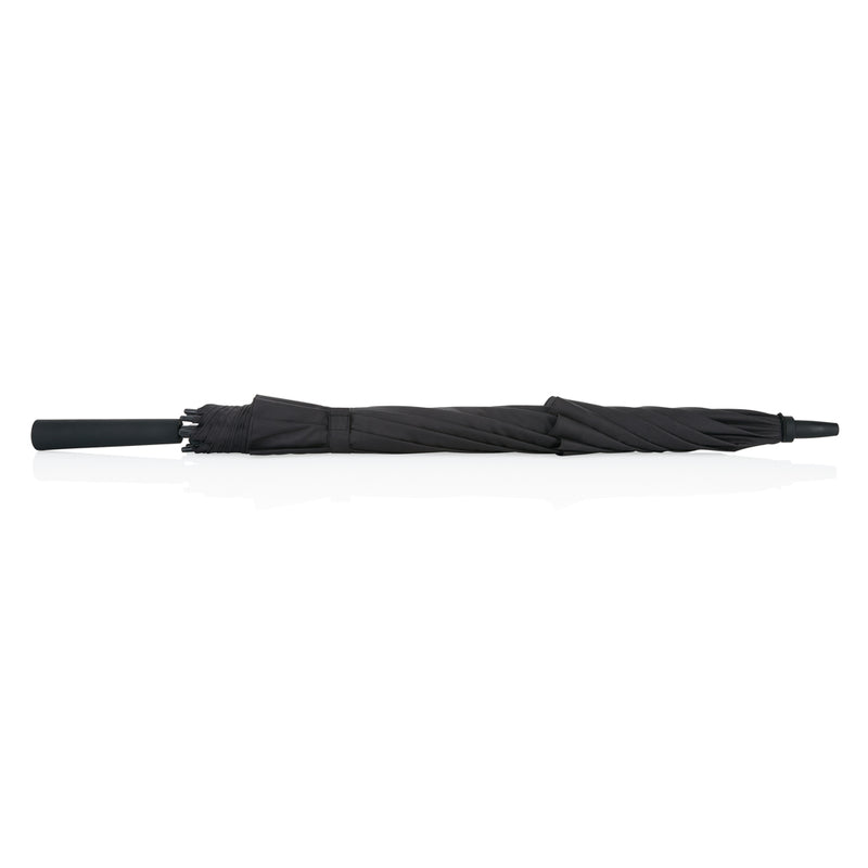Load image into Gallery viewer, Swiss Peak Tornado 23-inch storm umbrella open, showing its sturdy canopy and wind-resistant design in blue and black colors.